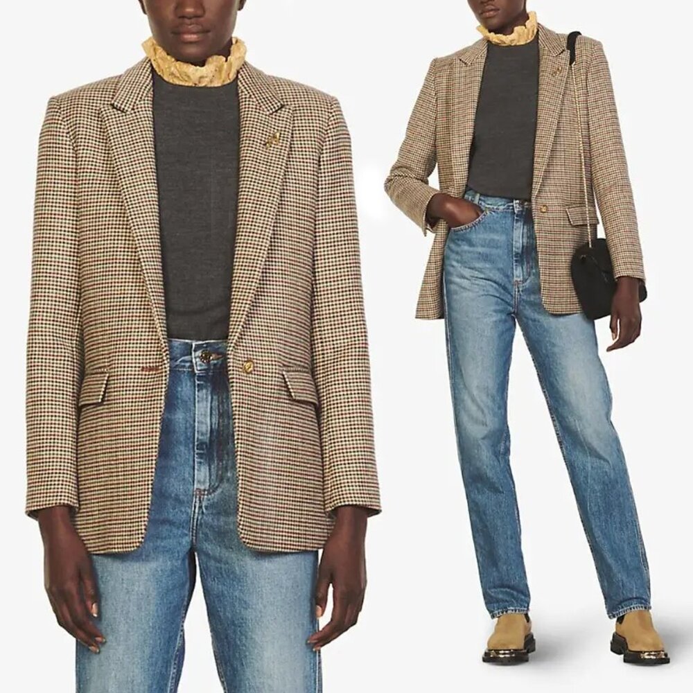 SANDRO Queen Check Wool & Cotton Blend Blazer - NWT - Size 34 (XS)